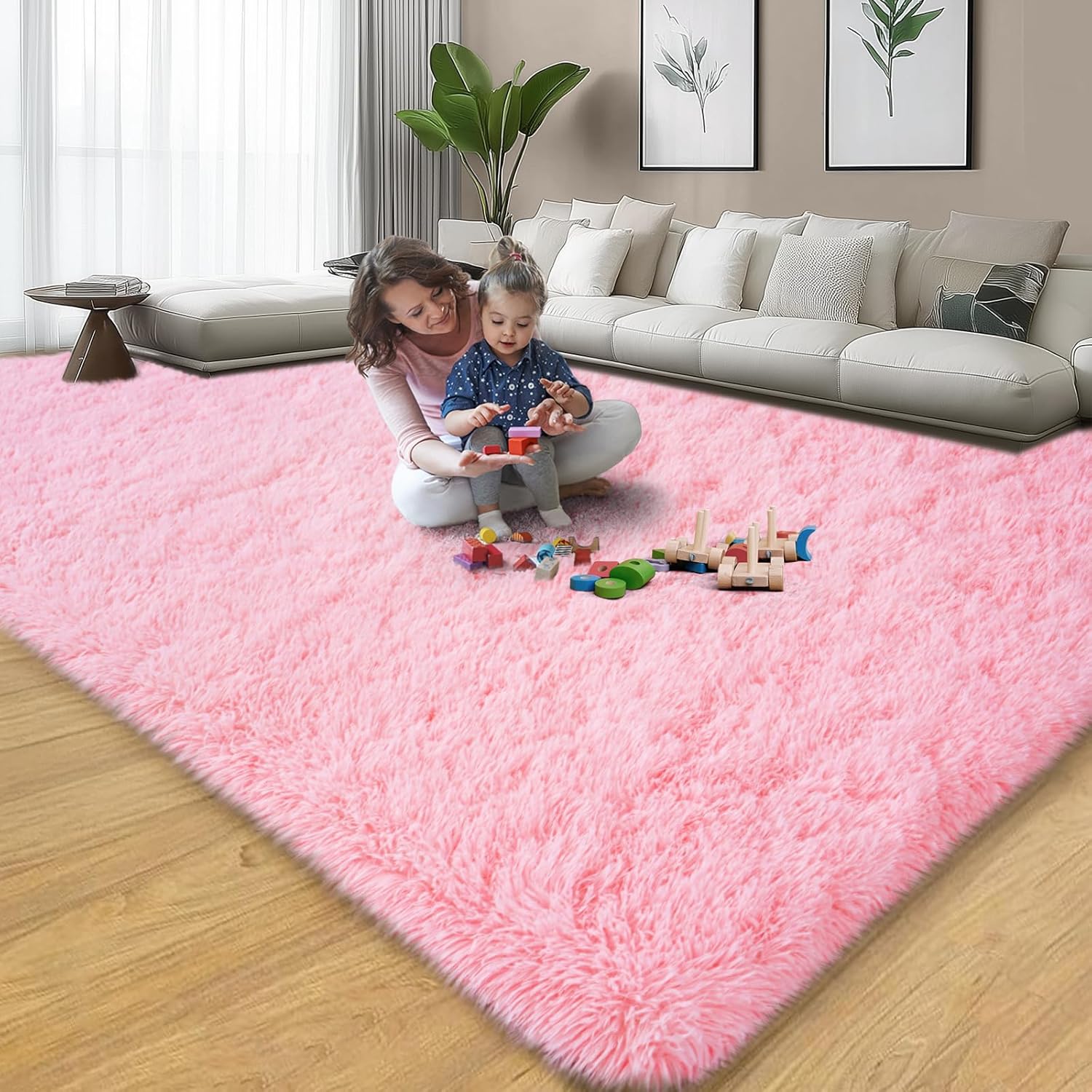 8x10 Area Rugs for Living Room, Large Fluffy Pink Rug for Bedroom, Soft Shag Shaggy Fuzzy Carpets for Boys and Girls, Modern Alfombras for Kid Room Dorm Room Home Decor (8ft x 10ft, Pink)